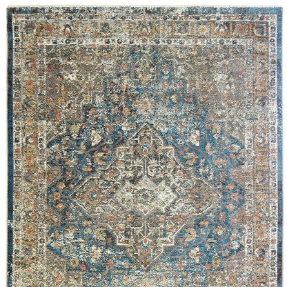 9' X 13' Blue and Brown Oriental Distressed Area Rug With Fringe