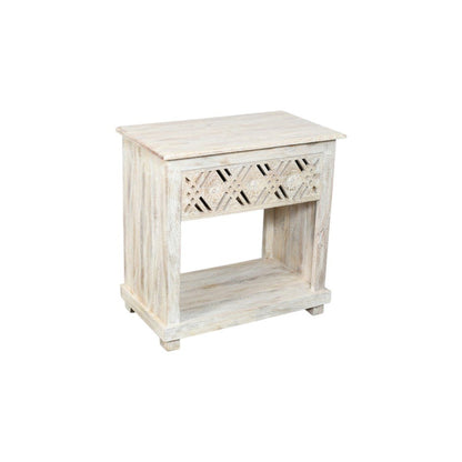 28" White Solid Wood Distressed Carved Geometric One Drawer Nightstand