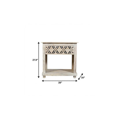 28" White Solid Wood Distressed Carved Geometric One Drawer Nightstand