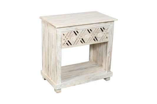 28" White Solid Wood Distressed Carved Geometric One Drawer Nightstand