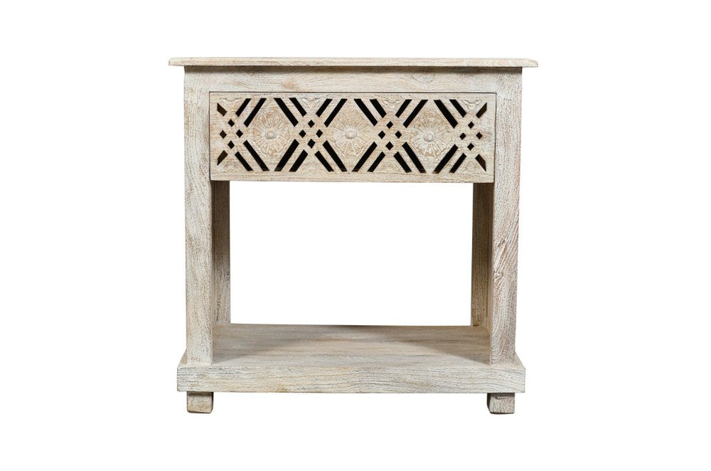 28" White Solid Wood Distressed Carved Geometric One Drawer Nightstand
