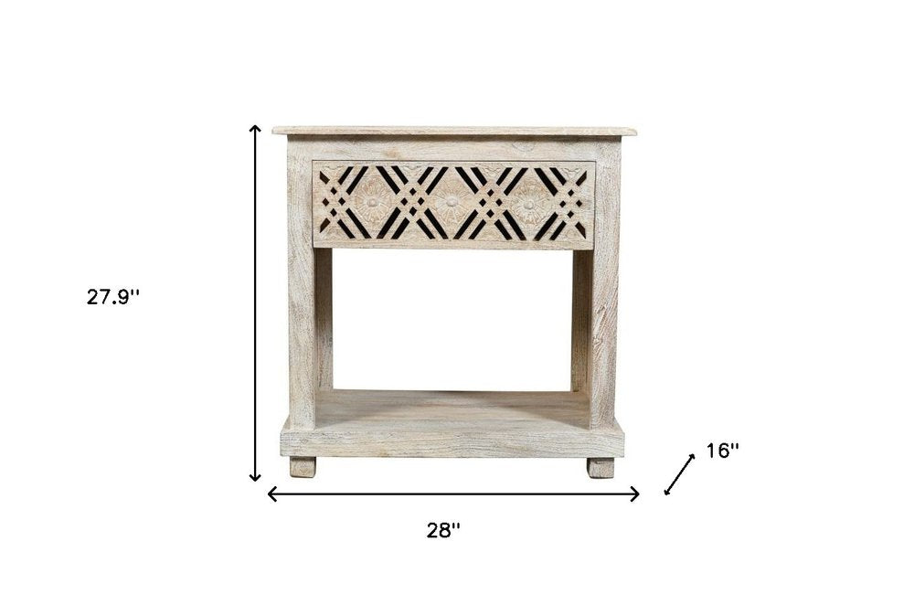 28" White Solid Wood Distressed Carved Geometric One Drawer Nightstand