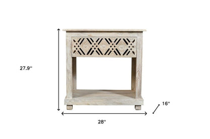 28" White Solid Wood Distressed Carved Geometric One Drawer Nightstand