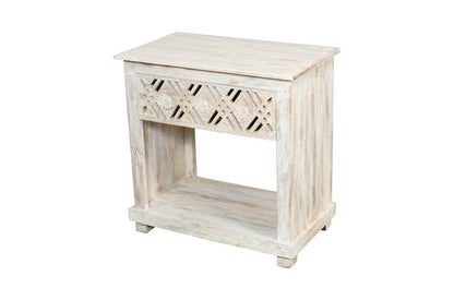 28" White Solid Wood Distressed Carved Geometric One Drawer Nightstand