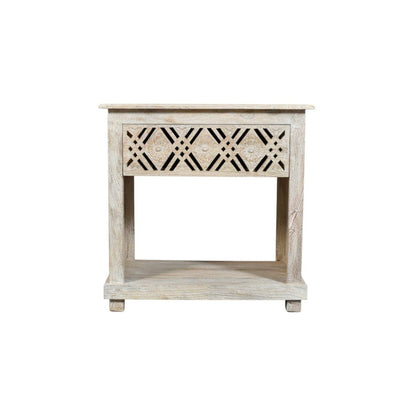 28" White Solid Wood Distressed Carved Geometric One Drawer Nightstand