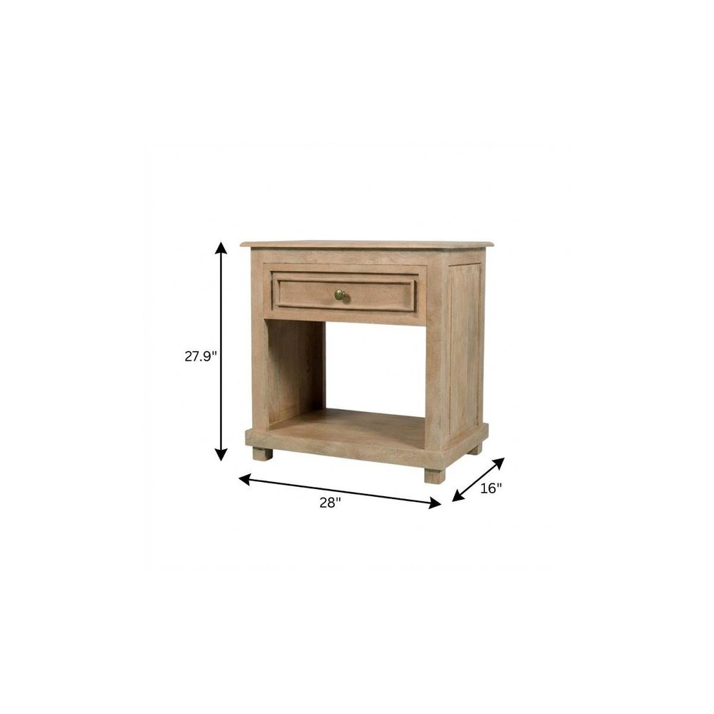 28" Beige Solid Wood Distressed One Drawer Nightstand