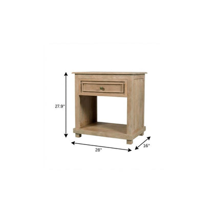 28" Beige Solid Wood Distressed One Drawer Nightstand