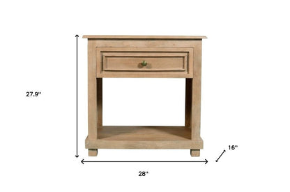 28" Beige Solid Wood Distressed One Drawer Nightstand