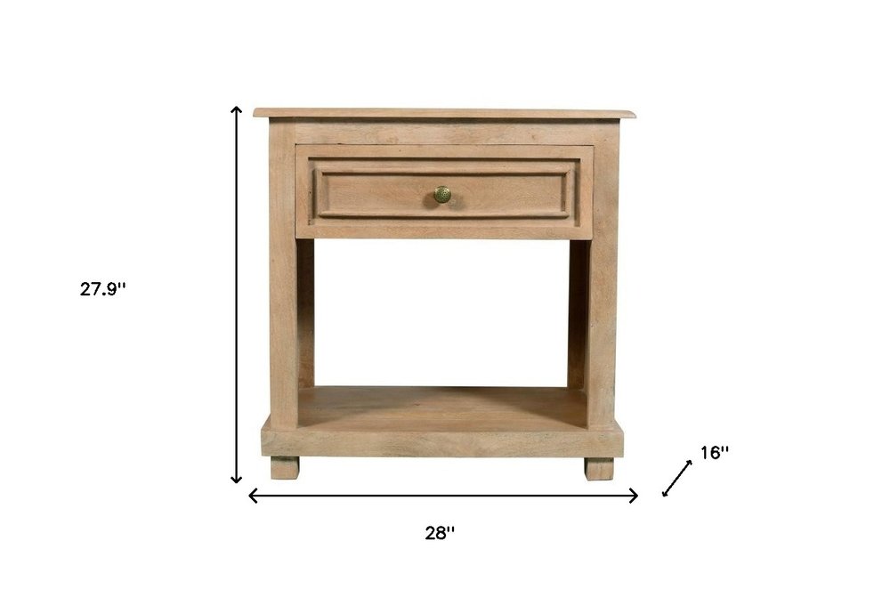 28" Beige Solid Wood Distressed One Drawer Nightstand