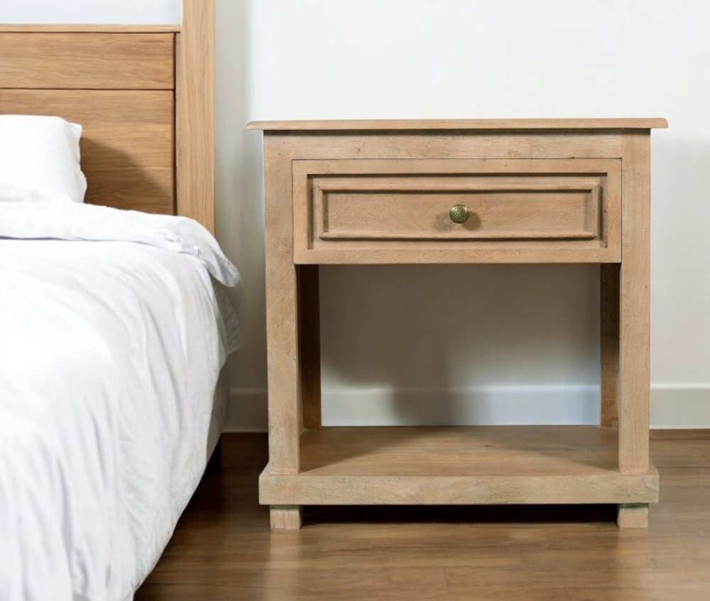 28" Beige Solid Wood Distressed One Drawer Nightstand