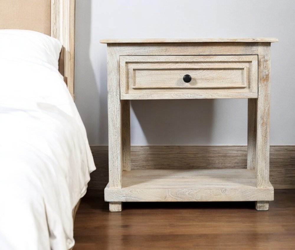 28" White Solid Wood Distressed One Drawer Nightstand