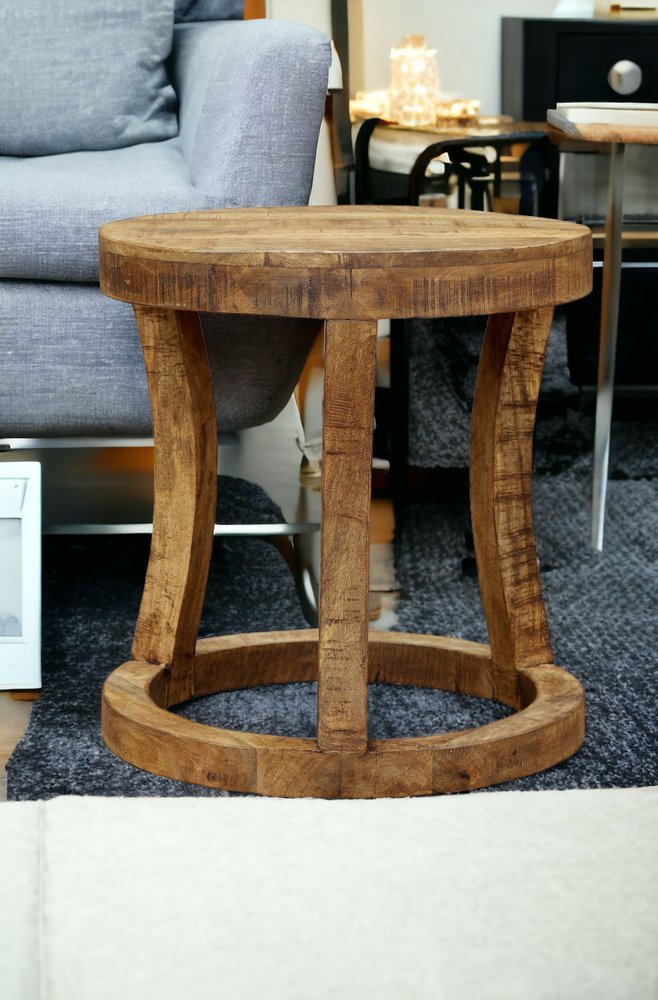 18" Brown And Brown Wood Distressed Solid Wood Round End Table