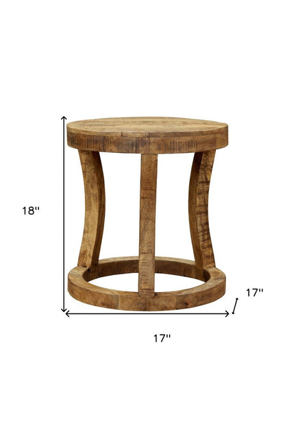 18" Brown And Brown Wood Distressed Solid Wood Round End Table
