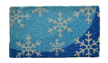 18" X 30" Blue and White Coir Snowflake Outdoor Winter Door Mat