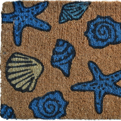 18" X 30" Blue and Brown Coir Seashells Outdoor Door Mat