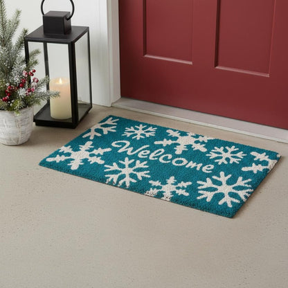 18" X 30" Aqua Blue and White Coir Snowflake Welcome Outdoor Winter Door Mat
