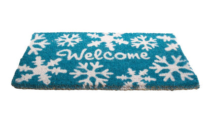 18" X 30" Aqua Blue and White Coir Snowflake Welcome Outdoor Winter Door Mat