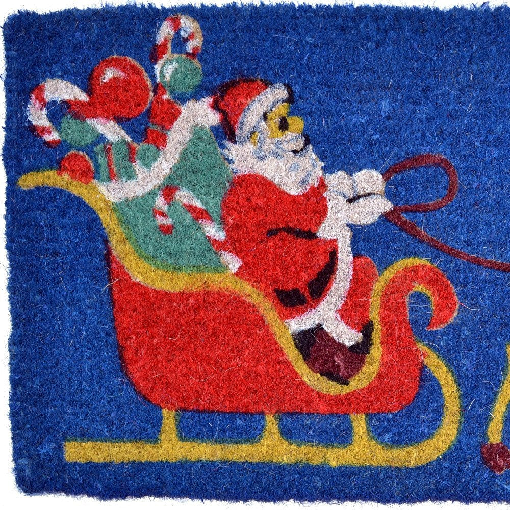 18" X 30" Blue and Yellow Coir Santa Claus Outdoor Holiday Door Mat