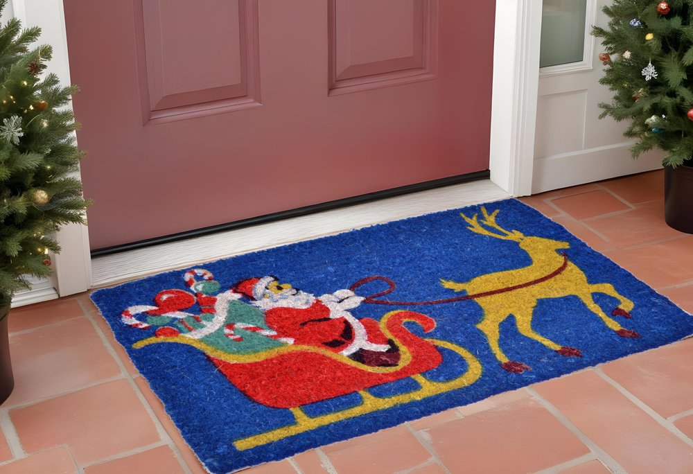 18" X 30" Blue and Yellow Coir Santa Claus Outdoor Holiday Door Mat