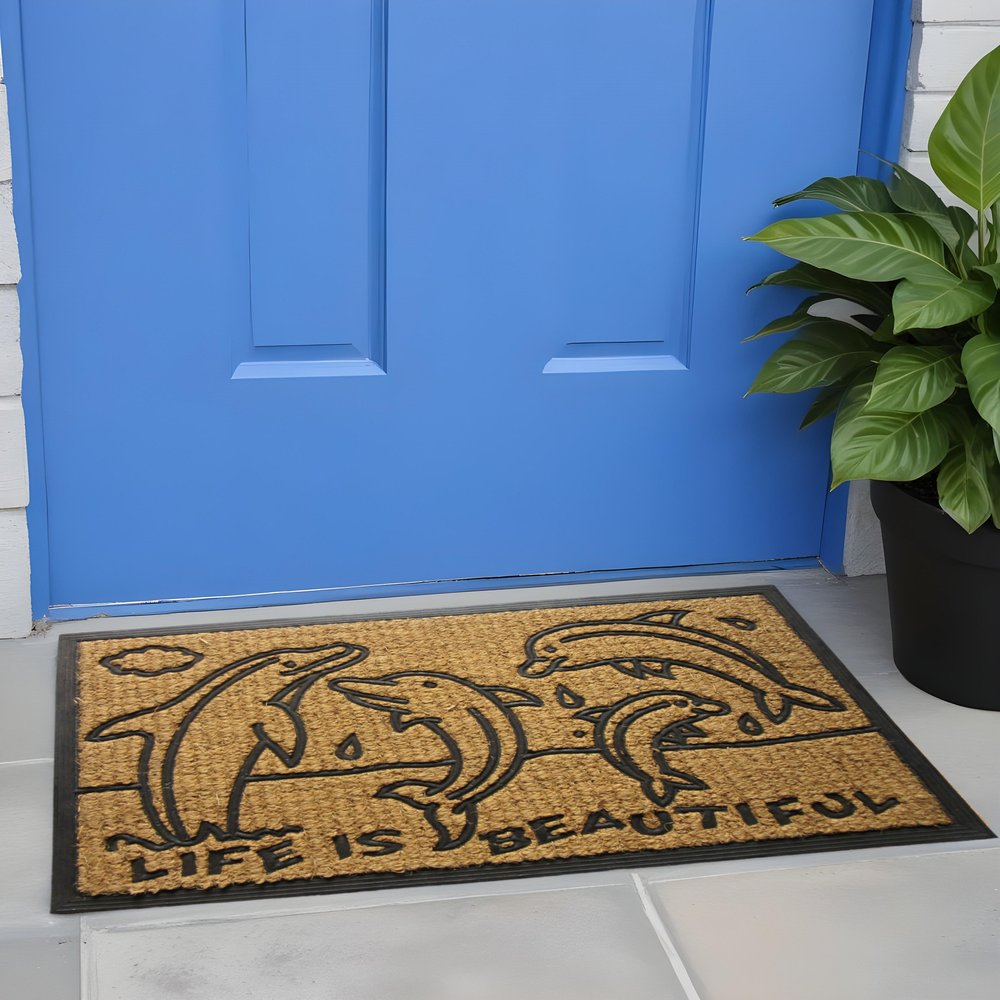 18" X 30" Brown and Black Rubber And Coir Dolphin Life is Beautiful Outdoor Door Mat