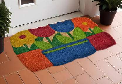 18" X 30" Blue and Red Coir Floral Outdoor Door Mat
