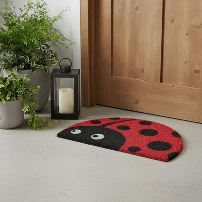 18" X 30" Black and Red Coir Ladybug Outdoor Semi Circle Door Mat