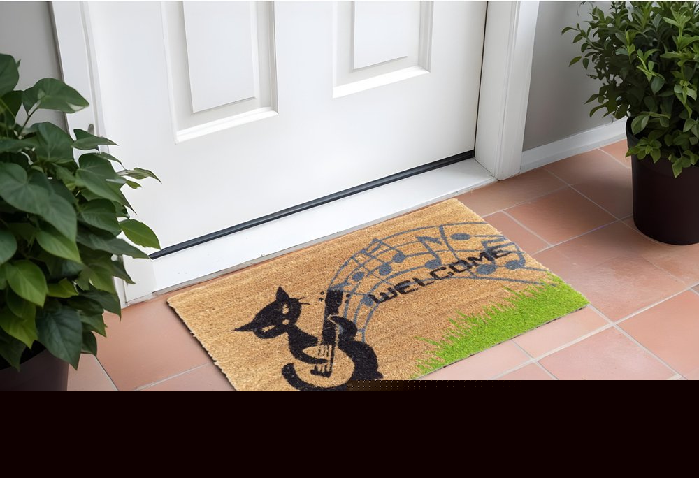 18" X 30" Brown and Black Coir Cat Welcome Outdoor Door Mat