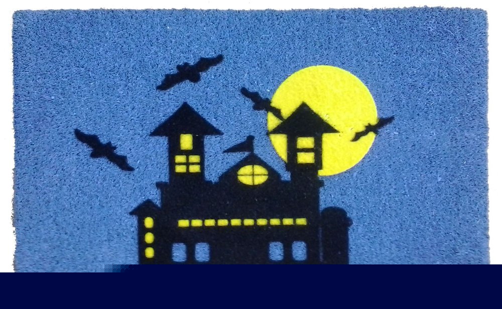 18" X 30" Blue and Black Coir Spooky House Outdoor Halloween Door Mat