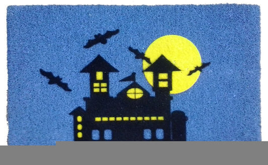18" X 30" Blue and Black Coir Spooky House Outdoor Halloween Door Mat