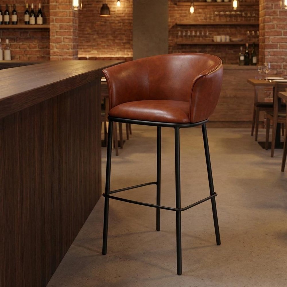 30" Brown And Black Faux Leather And Fabric And Steel Bar Height Bar Chair