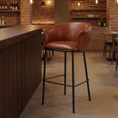 30" Brown And Black Faux Leather And Fabric And Steel Bar Height Bar Chair