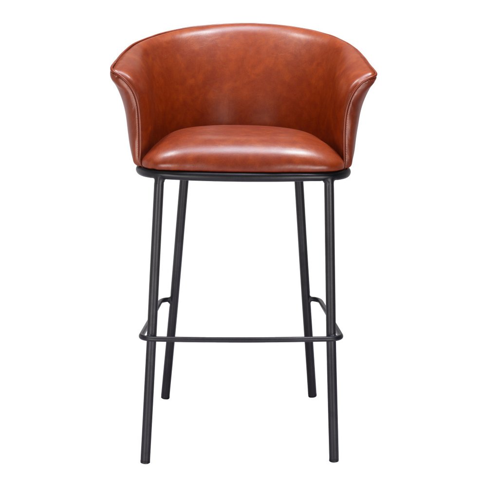 30" Brown And Black Faux Leather And Steel Bar Height Bar Chair
