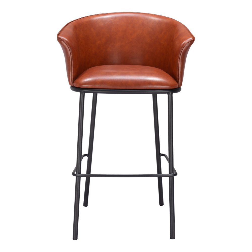 30" Brown And Black Faux Leather And Steel Bar Height Bar Chair