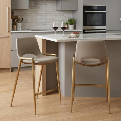 Set of Two 26" Beige And Gold Faux Leather And Steel Low Back Counter Height Bar Chairs