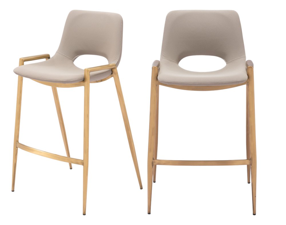 Set of Two 26" Beige And Gold Faux Leather And Steel Low Back Counter Height Bar Chairs