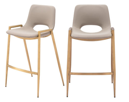 Set of Two 26" Beige And Gold Faux Leather And Steel Low Back Counter Height Bar Chairs