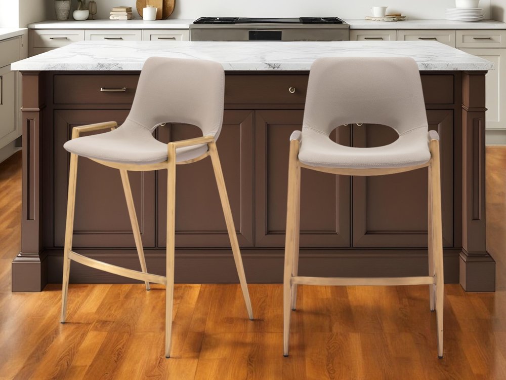 Set of Two 26" Beige And Gold Faux Leather And Steel Low Back Counter Height Bar Chairs