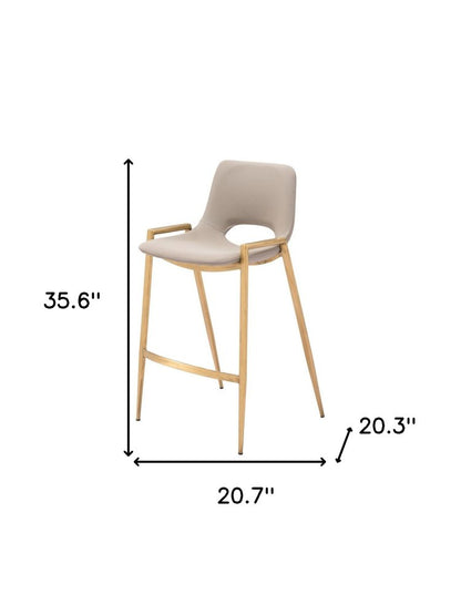 Set of Two 26" Beige And Gold Faux Leather And Steel Low Back Counter Height Bar Chairs