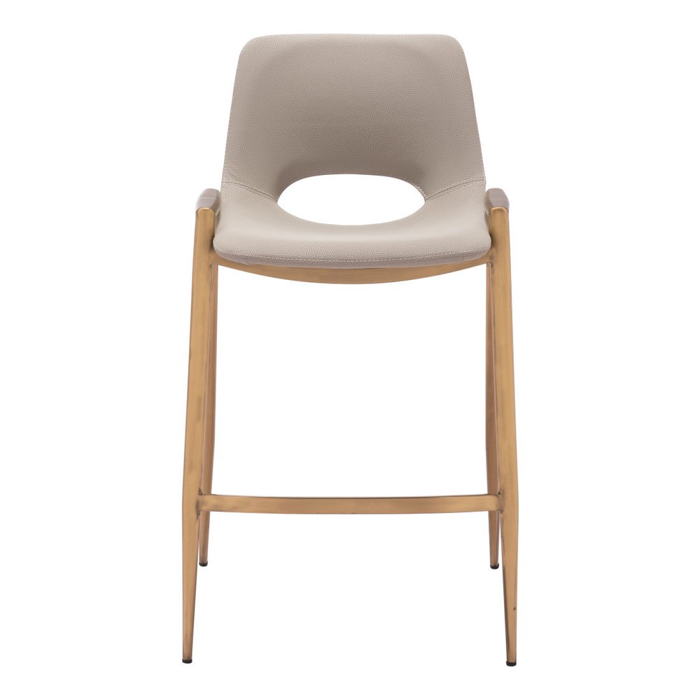 Set of Two 26" Beige And Gold Faux Leather And Steel Low Back Counter Height Bar Chairs