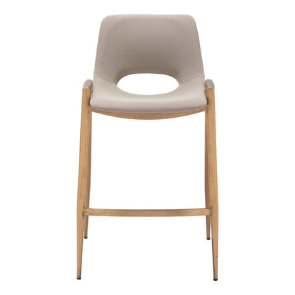 Set of Two 26" Beige And Gold Faux Leather And Steel Low Back Counter Height Bar Chairs
