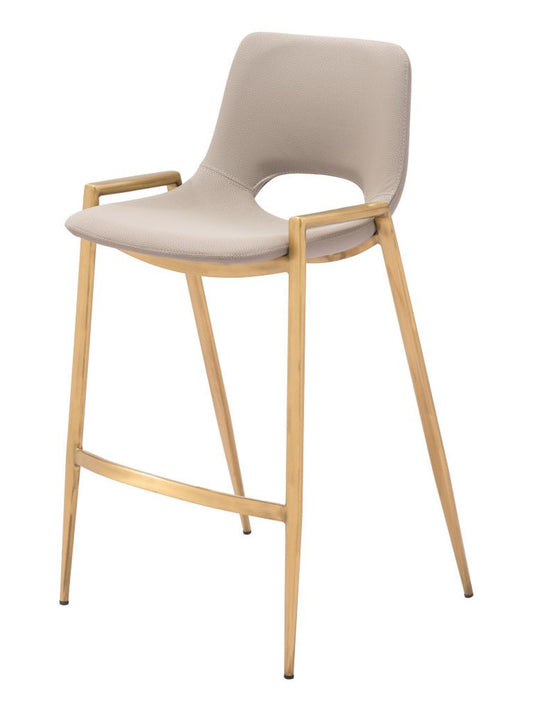 Set of Two 26" Beige And Gold Faux Leather And Steel Low Back Counter Height Bar Chairs