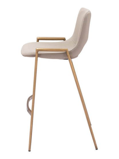 Set of Two 26" Beige And Gold Faux Leather And Steel Low Back Counter Height Bar Chairs