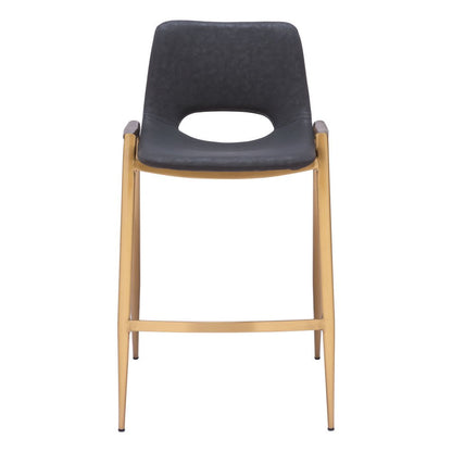 Set of Two 26" Black And Gold Faux Leather And Steel Low Back Counter Height Bar Chairs