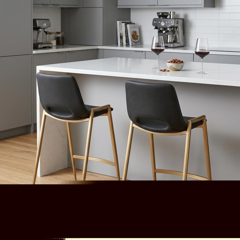Set of Two 26" Black And Gold Faux Leather And Steel Low Back Counter Height Bar Chairs
