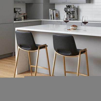 Set of Two 26" Black And Gold Faux Leather And Steel Low Back Counter Height Bar Chairs