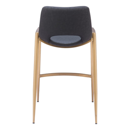 Set of Two 26" Black And Gold Faux Leather And Steel Low Back Counter Height Bar Chairs