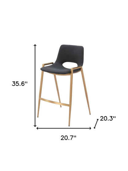 Set of Two 26" Black And Gold Faux Leather And Steel Low Back Counter Height Bar Chairs