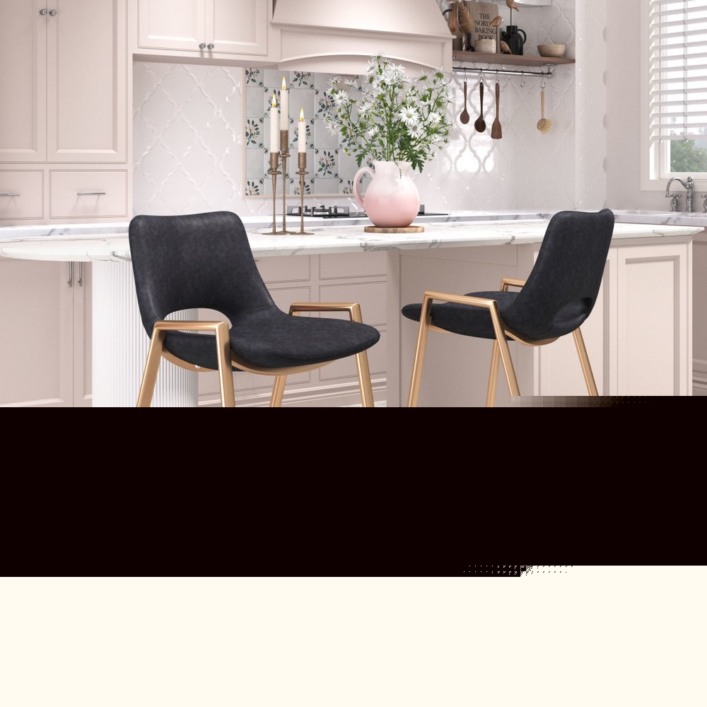 Set of Two 26" Black And Gold Faux Leather And Steel Low Back Counter Height Bar Chairs