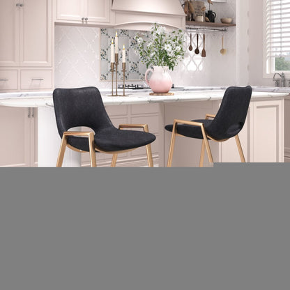 Set of Two 26" Black And Gold Faux Leather And Steel Low Back Counter Height Bar Chairs