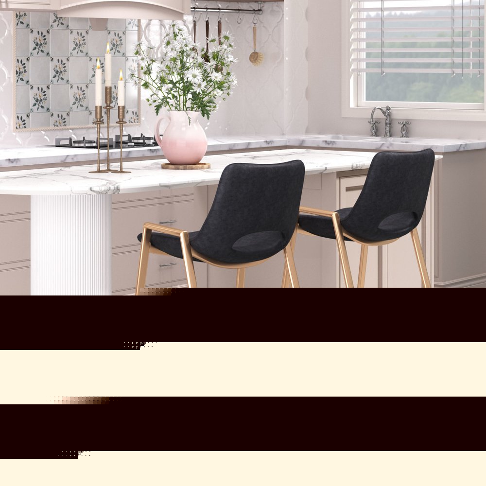 Set of Two 26" Black And Gold Faux Leather And Steel Low Back Counter Height Bar Chairs